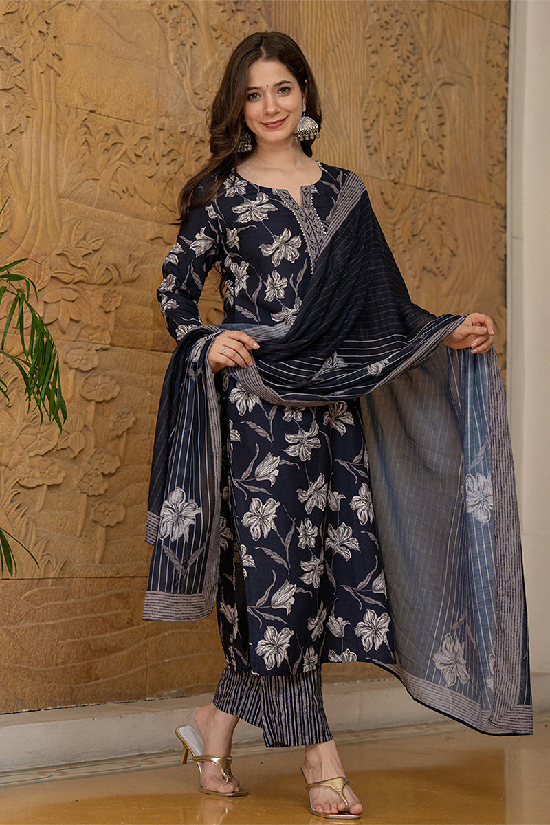 Black Rayon Blend Floral Printed Straight Trouser Suit Set VKSKD2267 |