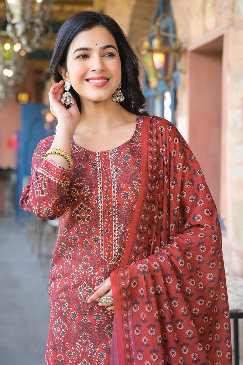 Red Cotton Blend Floral Printed Straight Suit Set With Trouser Style B