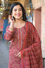 Red Cotton Blend Floral Printed Straight Suit Set With Trouser Style Bottom VKSKD2270