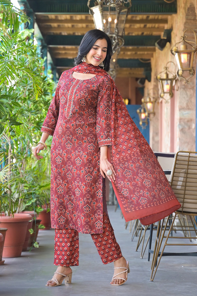 Red Cotton Blend Floral Printed Straight Suit Set With Trouser Style B