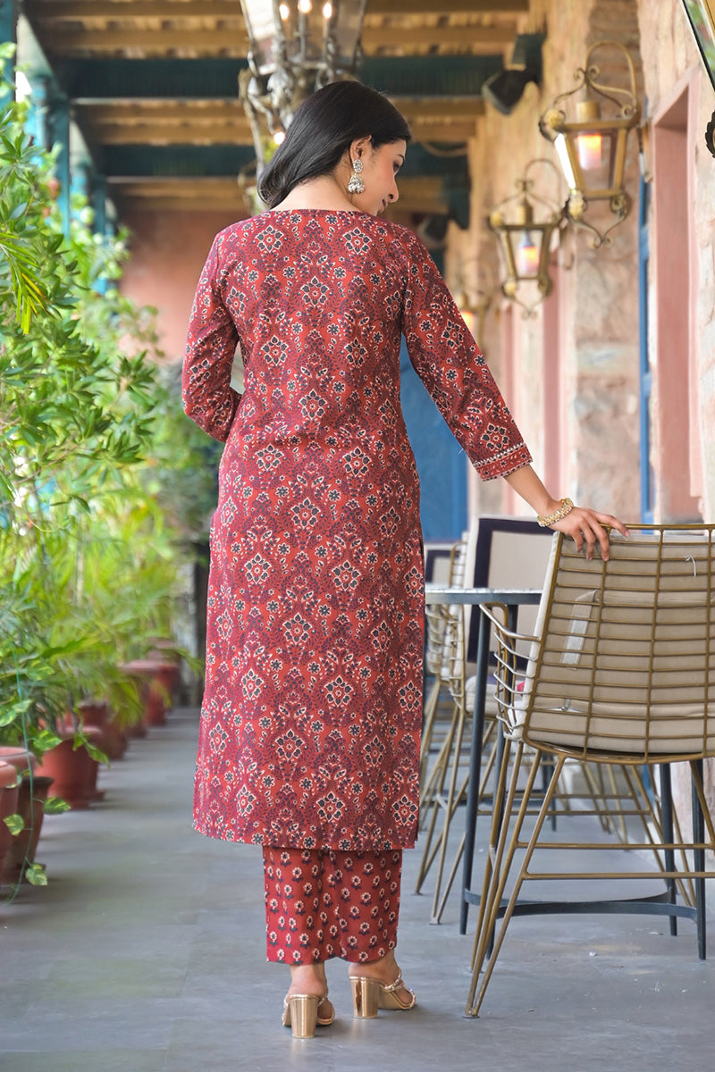 Red Cotton Blend Floral Printed Straight Suit Set With Trouser Style B