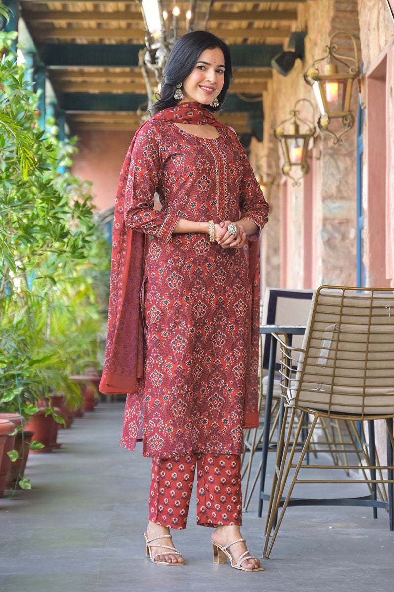 Red Cotton Blend Floral Printed Straight Suit Set With Trouser Style B