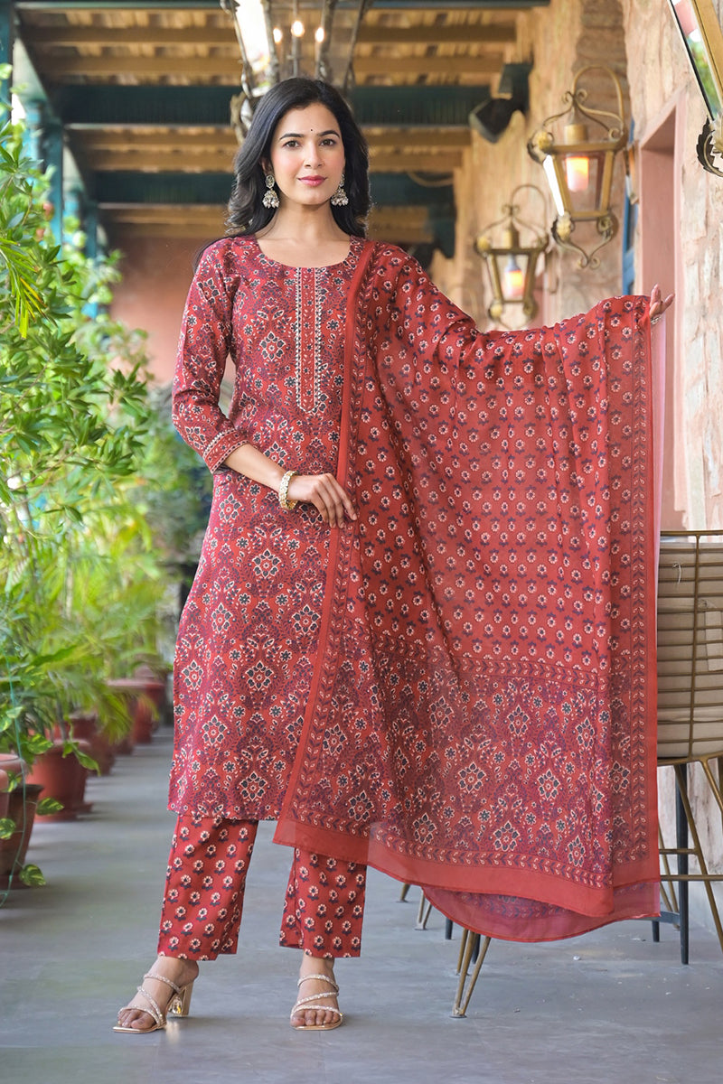 Red Cotton Blend Floral Printed Straight Suit Set With Trouser Style B