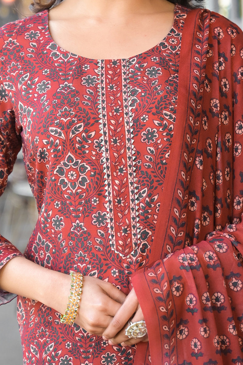 Red Cotton Blend Floral Printed Straight Suit Set With Trouser Style B