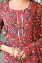 Red Cotton Blend Floral Printed Straight Suit Set With Trouser Style Bottom VKSKD2270