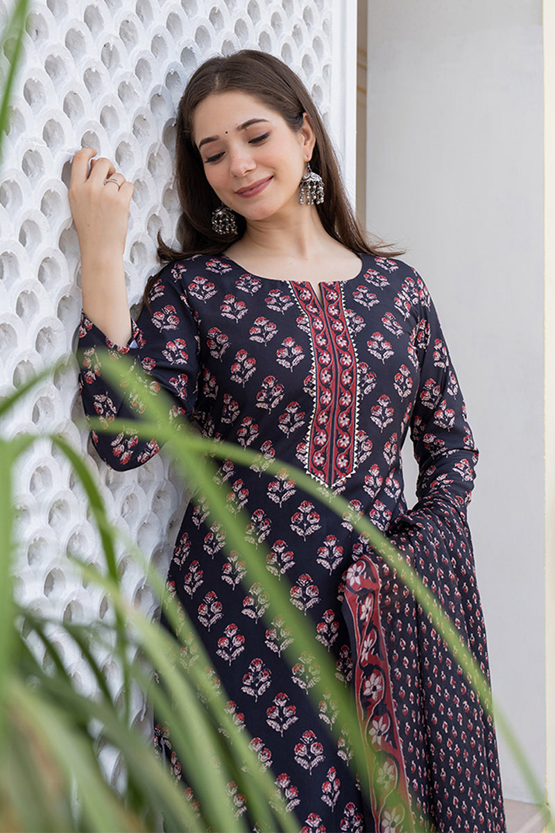 Black Rayon Blend Floral Printed Straight Trouser Bottom Suit Set VKSK