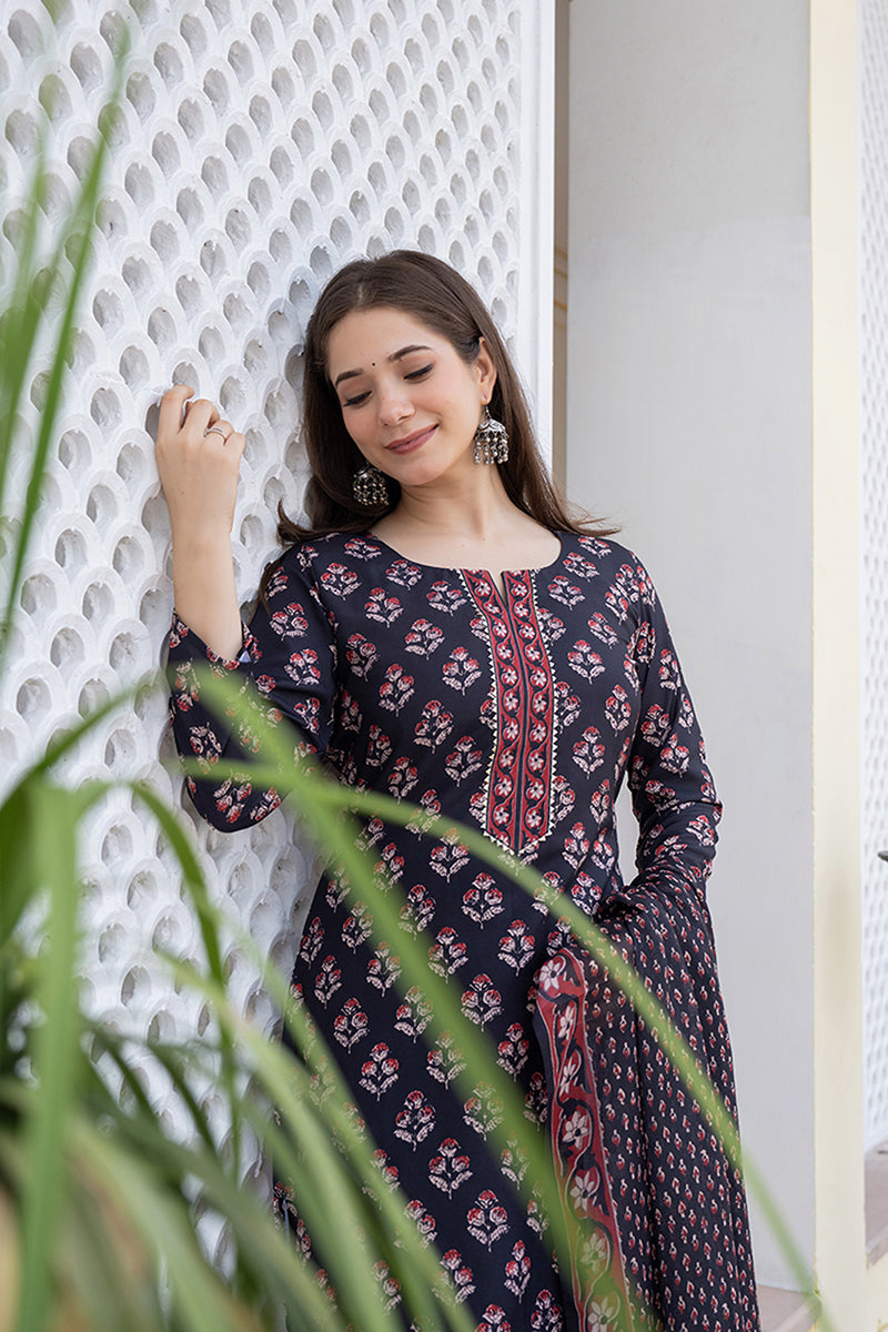Black Rayon Blend Floral Printed Straight Trouser Bottom Suit Set VKSK