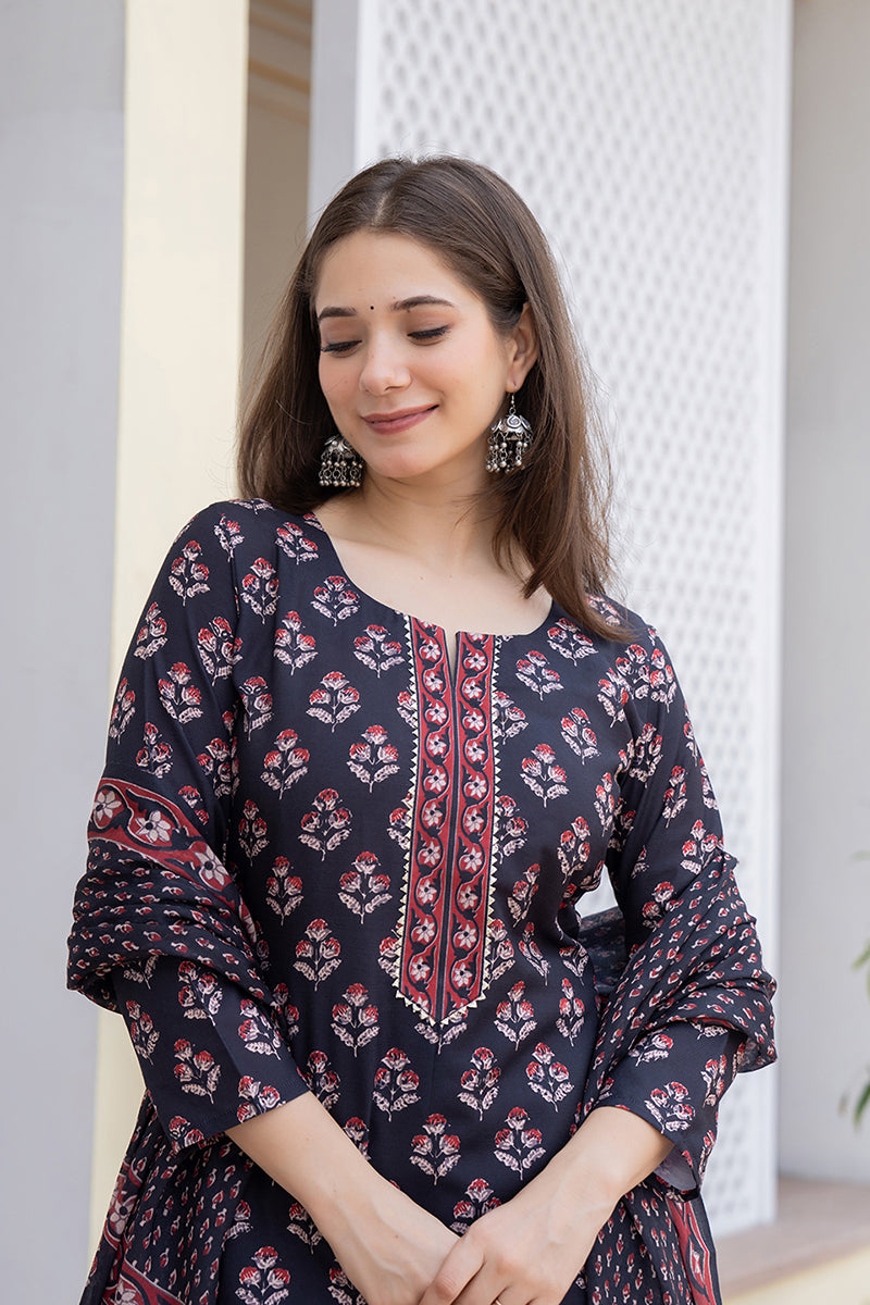 Black Rayon Blend Floral Printed Straight Trouser Bottom Suit Set VKSK