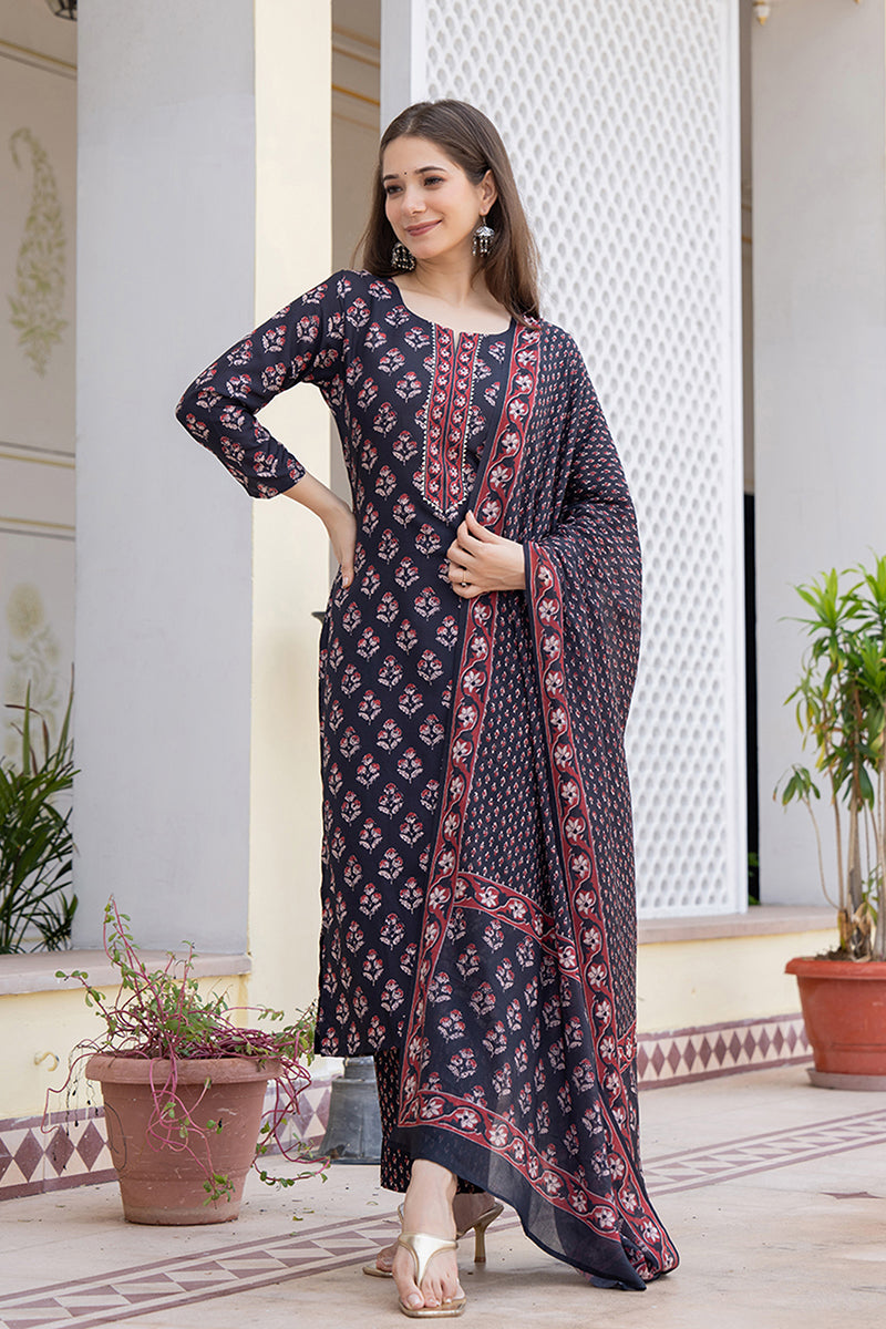 Black Rayon Blend Floral Printed Straight Trouser Bottom Suit Set VKSK