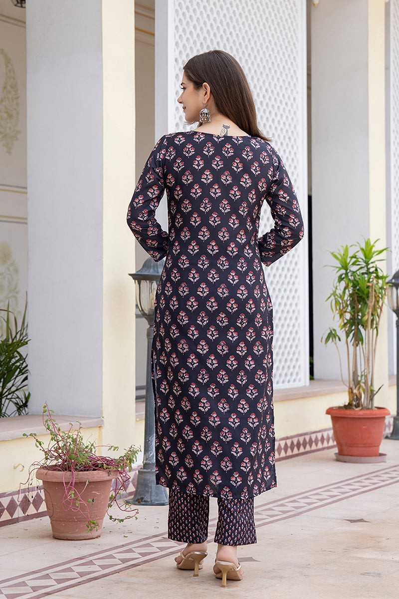Black Rayon Blend Floral Printed Straight Trouser Bottom Suit Set VKSK