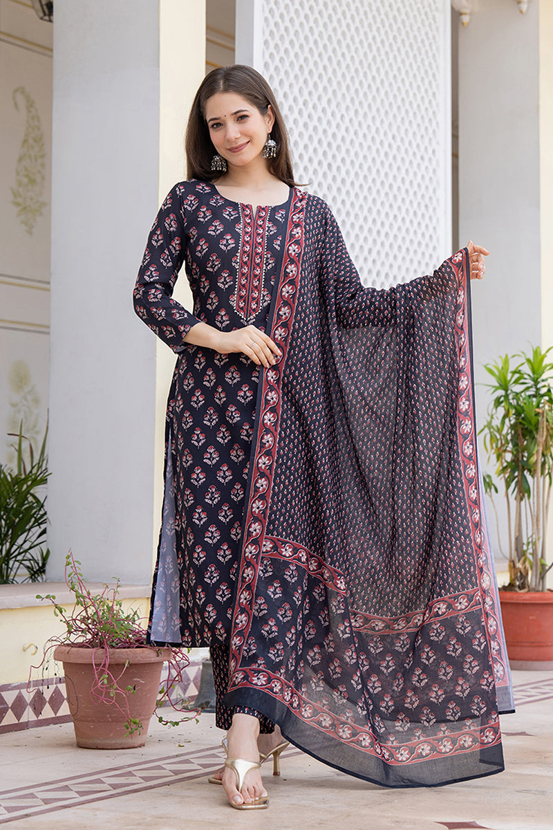 Black Rayon Blend Floral Printed Straight Trouser Bottom Suit Set VKSK