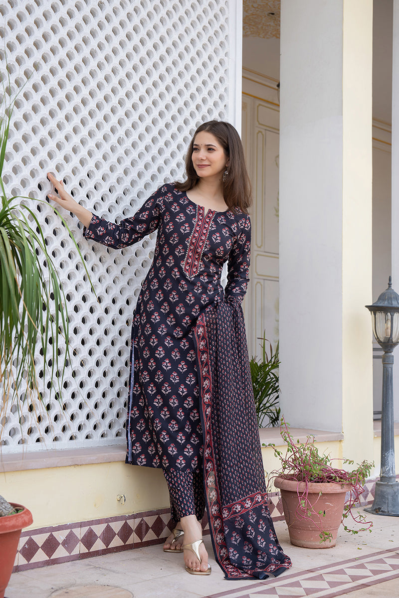 Black Rayon Blend Floral Printed Straight Trouser Bottom Suit Set VKSK