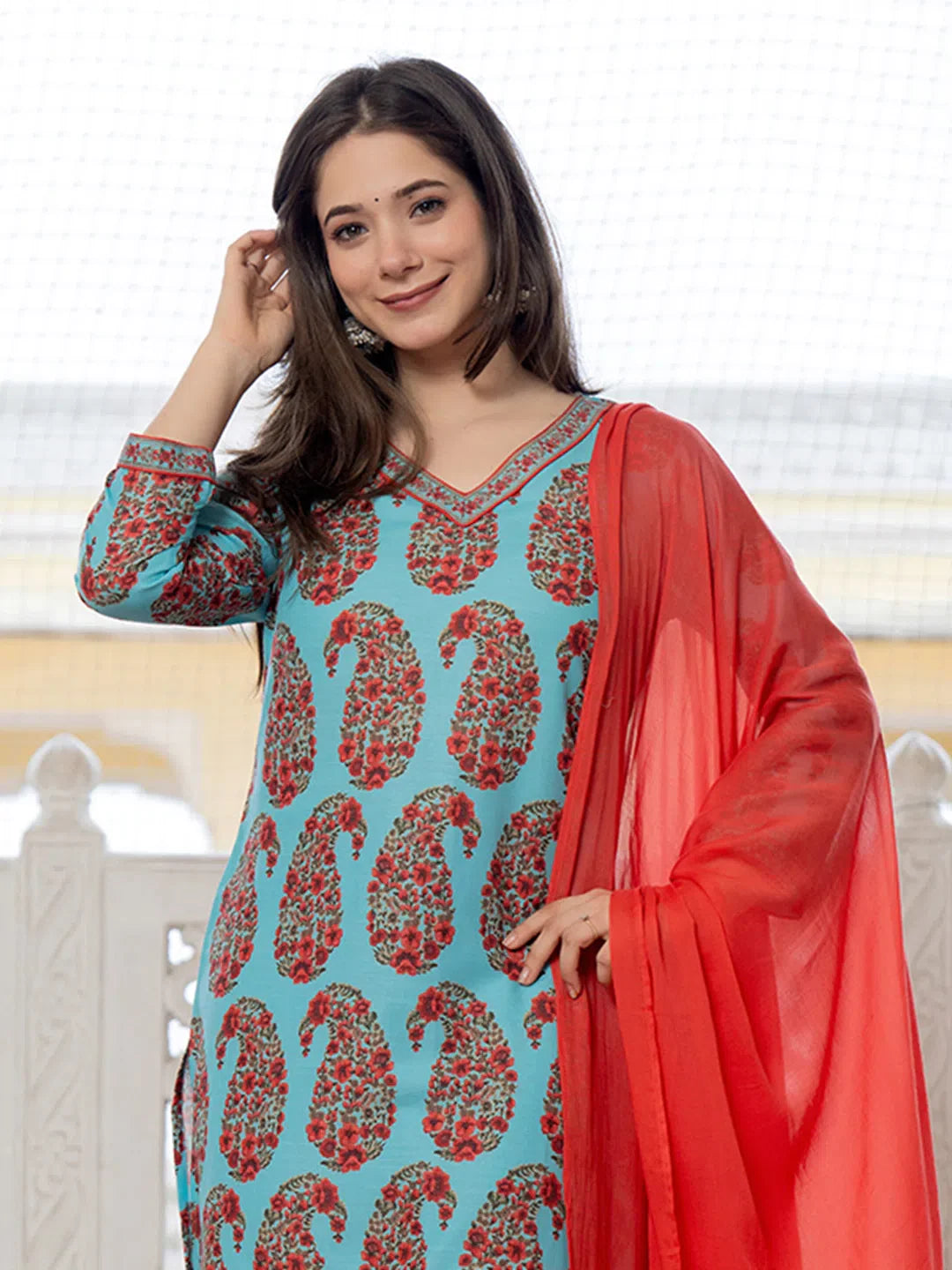 Turquoise Floral Kurta Trouser Set with Dupatta | Cotton Kurta