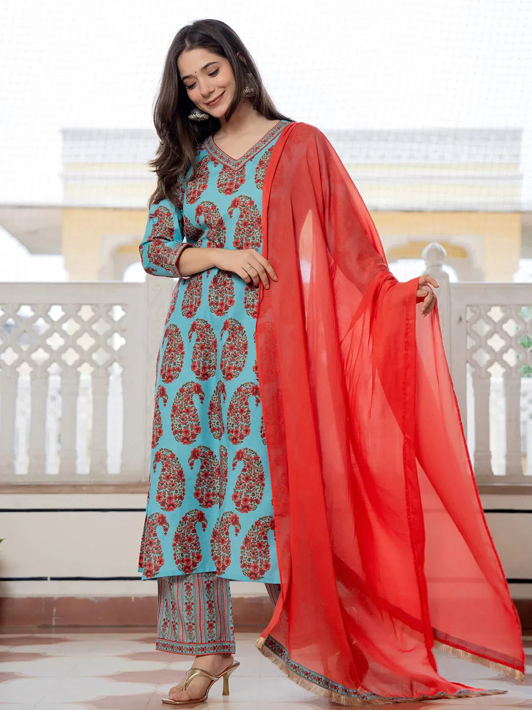 Turquoise Floral Kurta Trouser Set with Dupatta | Cotton Kurta