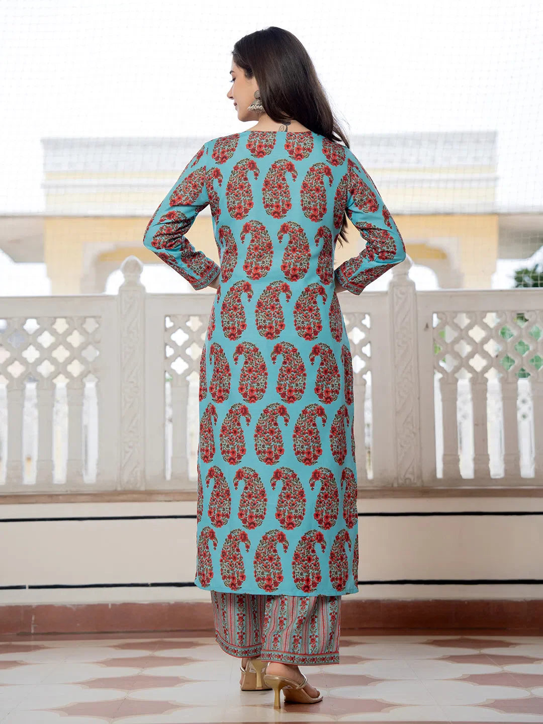 Turquoise Floral Kurta Trouser Set with Dupatta | Cotton Kurta