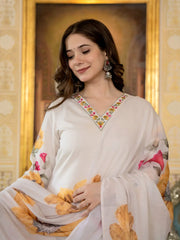 Women Off White Rayon Blend Floral Printed Straight Kurta Trouser With Dupatta-VKSKD2282