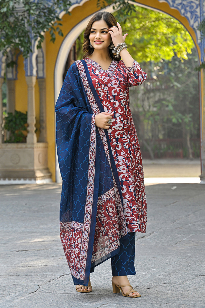 Maroon Rayon Blend Ethnic Motifs Printed Straight Suit Set VKSKD2285 |