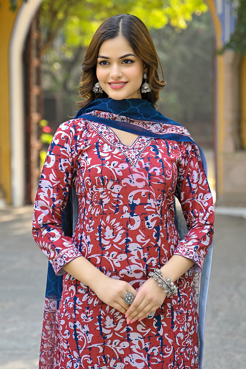Maroon Rayon Blend Ethnic Motifs Printed Straight Suit Set VKSKD2285 |