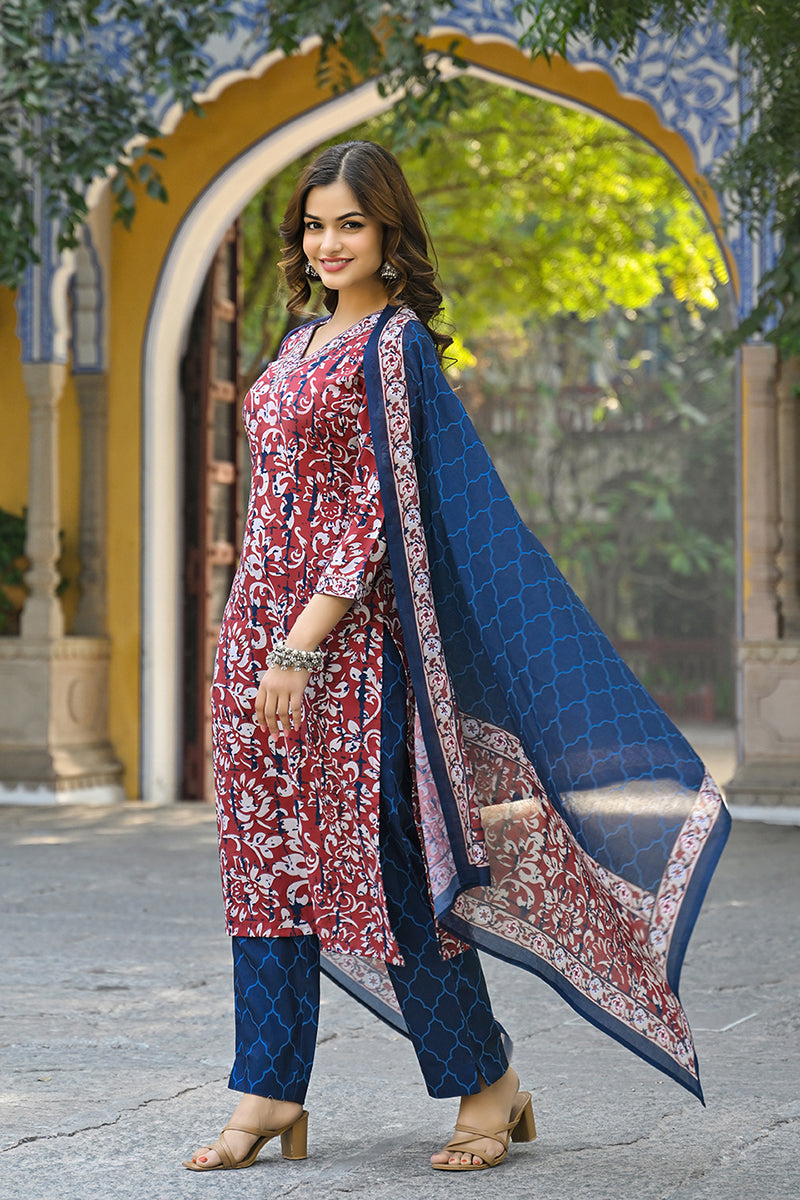 Maroon Rayon Blend Ethnic Motifs Printed Straight Suit Set VKSKD2285 |