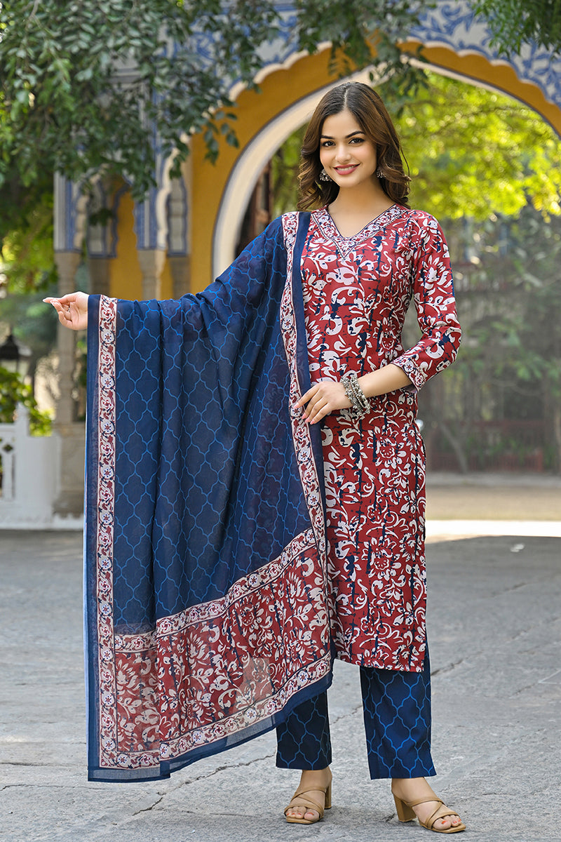 Maroon Rayon Blend Ethnic Motifs Printed Straight Suit Set VKSKD2285 |