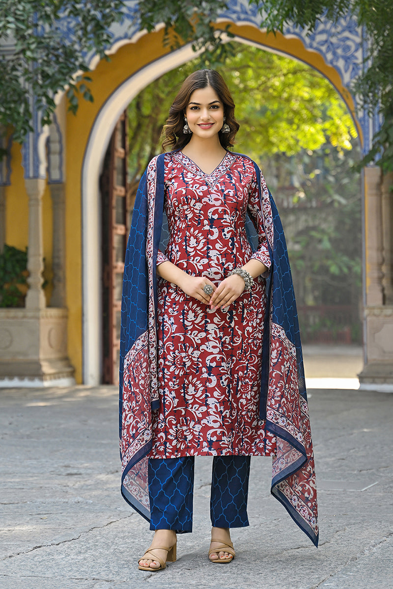 Maroon Rayon Blend Ethnic Motifs Printed Straight Suit Set VKSKD2285 |