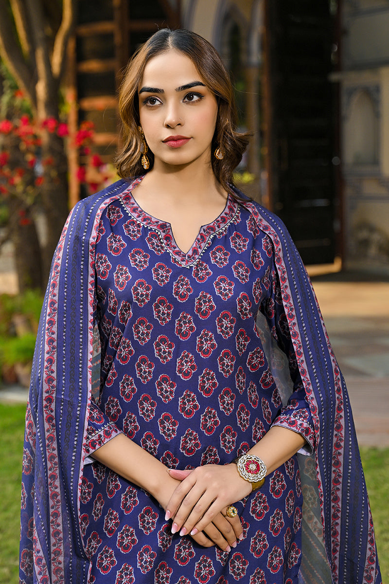 Navy Blue Rayon Blend Floral Printed Straight Trouser Suit Set VKSKD22