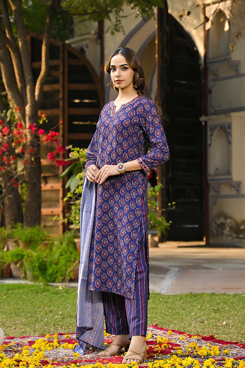 Navy Blue Rayon Blend Floral Printed Straight Trouser Suit Set VKSKD22