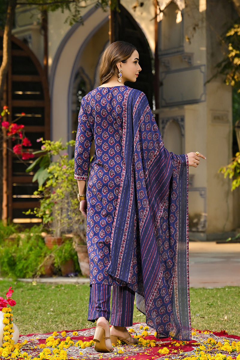 Navy Blue Rayon Blend Floral Printed Straight Trouser Suit Set VKSKD22