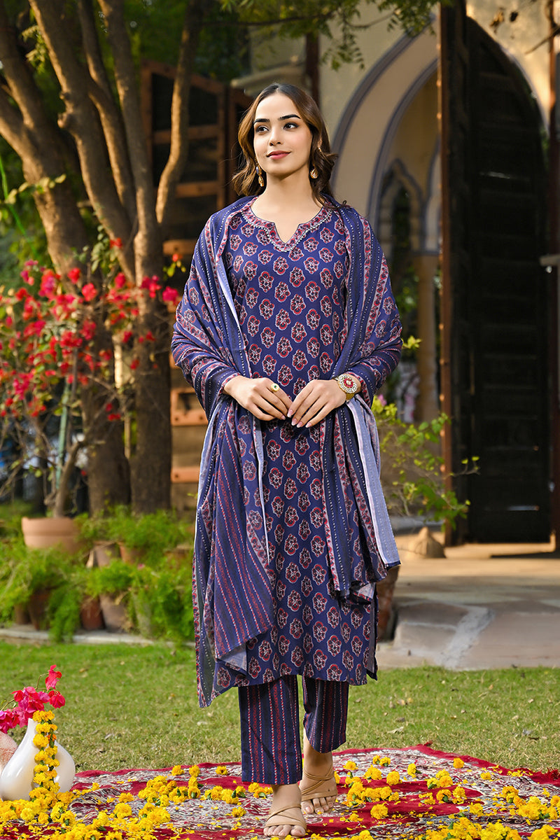 Navy Blue Rayon Blend Floral Printed Straight Trouser Suit Set VKSKD22