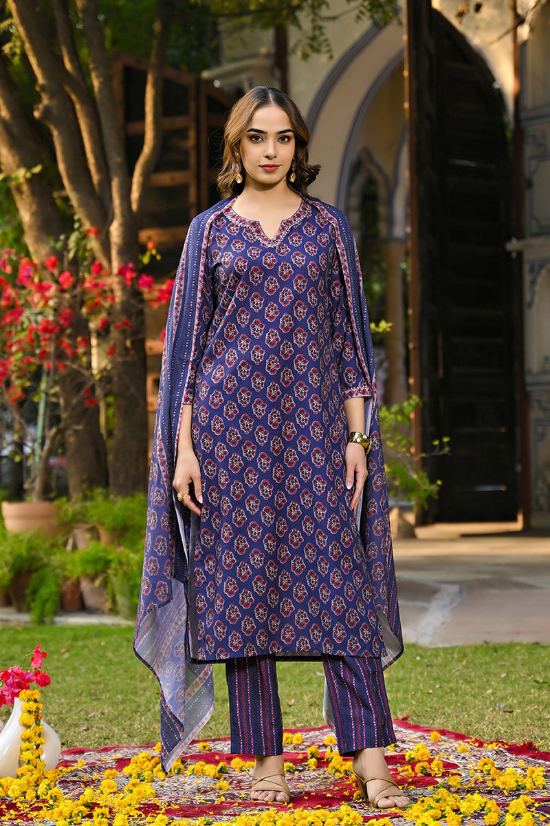 Navy Blue Rayon Blend Floral Printed Straight Trouser Suit Set VKSKD22