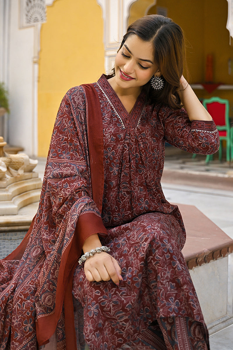 Maroon Rayon Blend Floral Printed Straight Suit Set VKSKD2291 | DesiQl
