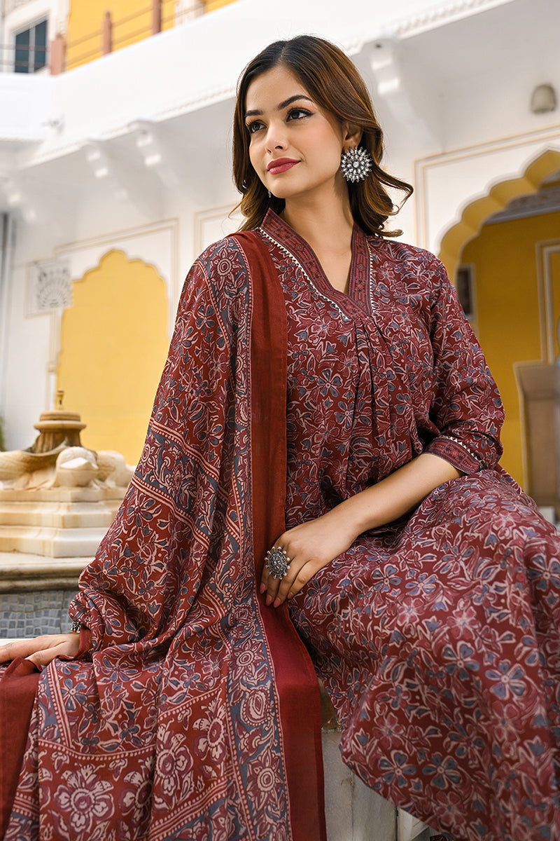 Maroon Rayon Blend Floral Printed Straight Suit Set VKSKD2291 | DesiQl