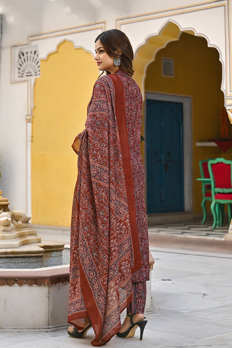 Maroon Rayon Blend Floral Printed Straight Suit Set VKSKD2291 | DesiQl