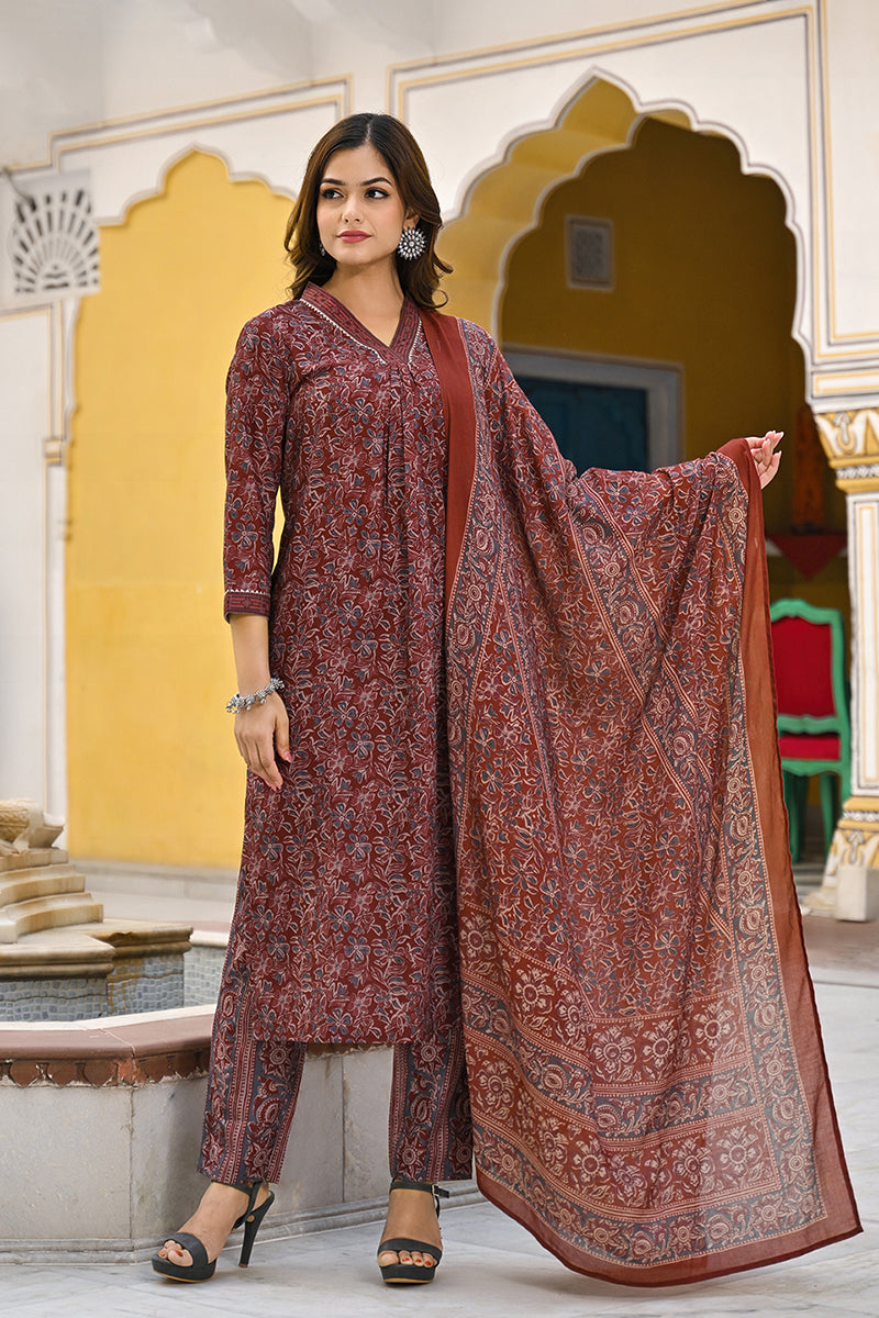 Maroon Rayon Blend Floral Printed Straight Suit Set VKSKD2291 | DesiQl