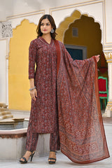 Maroon Rayon Blend Floral Printed Straight Suit Set VKSKD2291