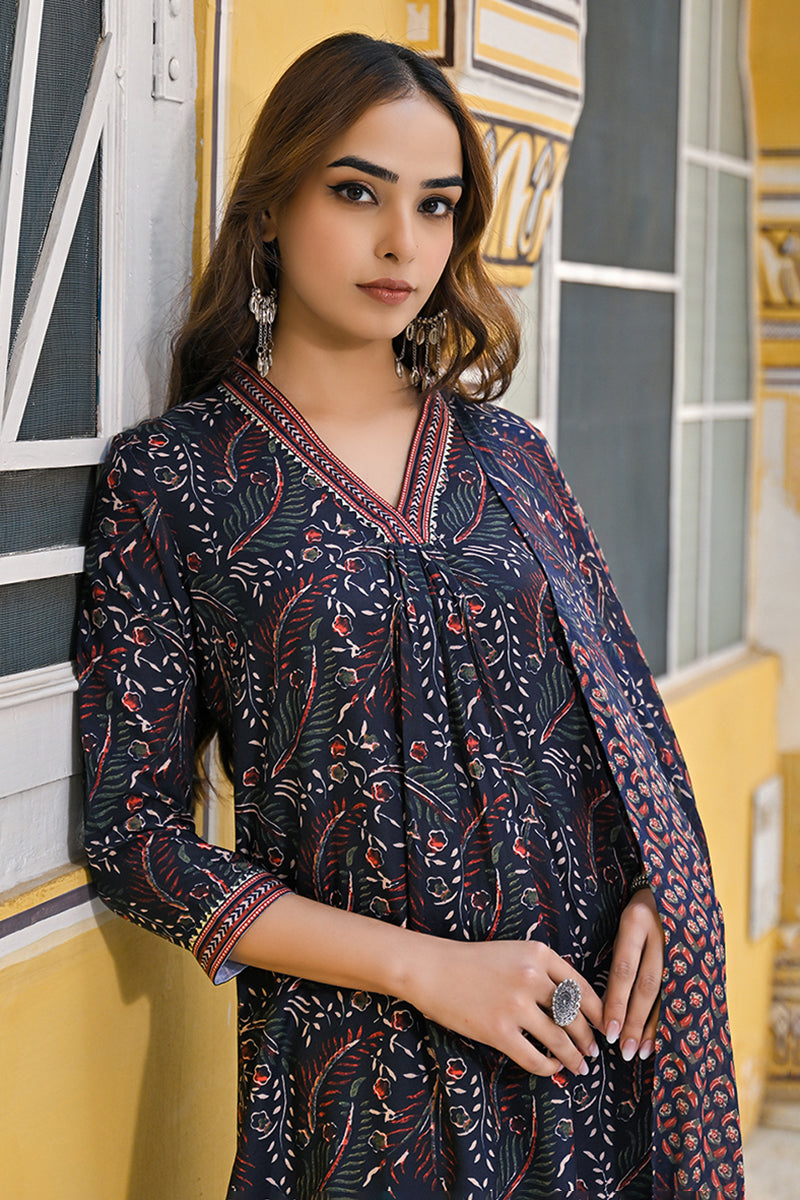 Navy Blue Rayon Blend Floral Printed Straight Suit Set VKSKD2292 | Des