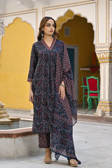 Navy Blue Rayon Blend Floral Printed Straight Suit Set VKSKD2292
