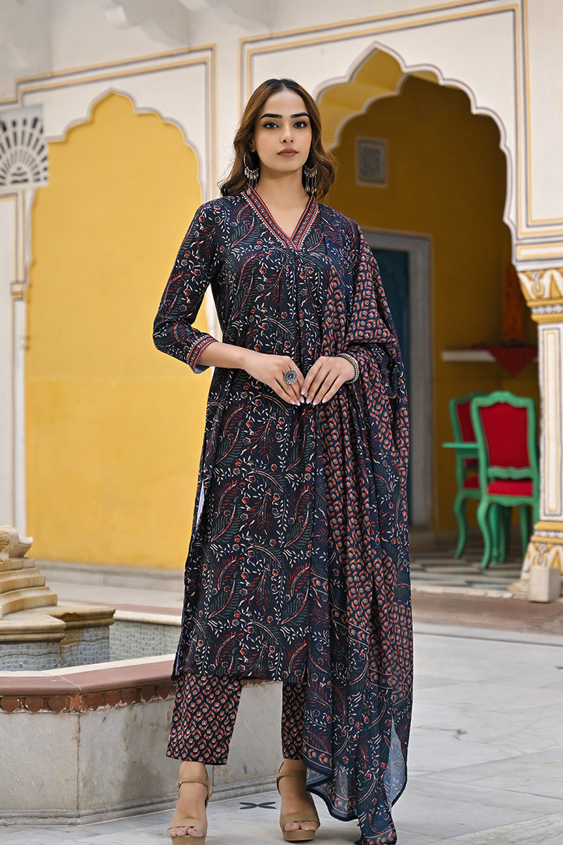 Navy Blue Rayon Blend Floral Printed Straight Suit Set VKSKD2292 | Des