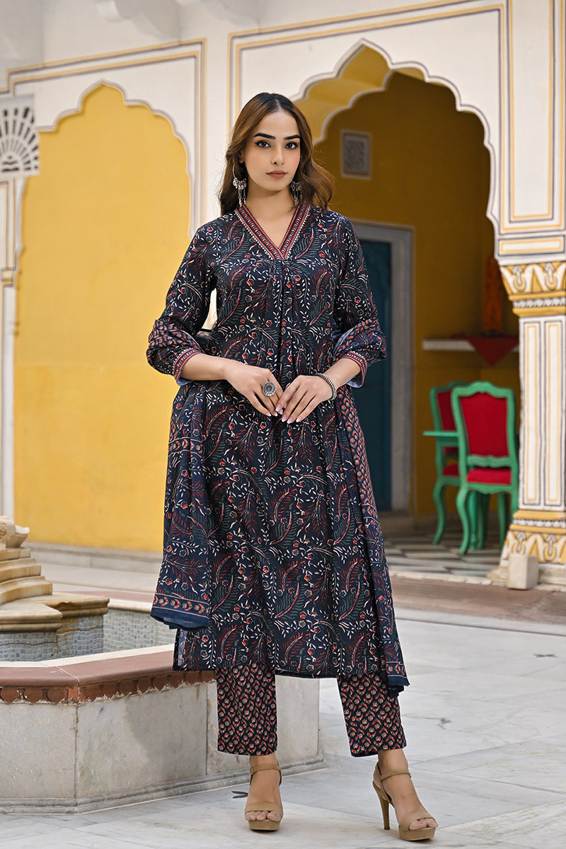 Navy Blue Rayon Blend Floral Printed Straight Suit Set VKSKD2292 | Des