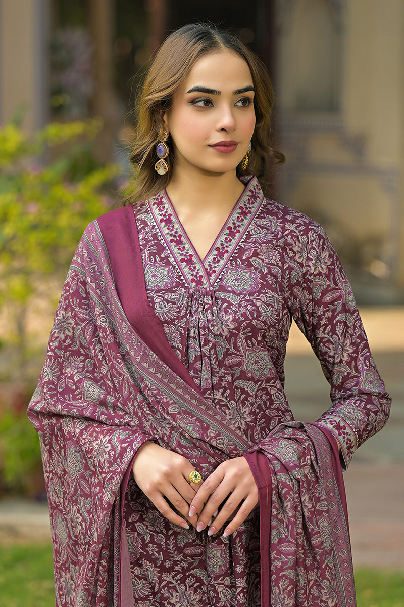 Burgundy Rayon Blend Floral Printed Straight Suit Set VKSKD2293 | Desi