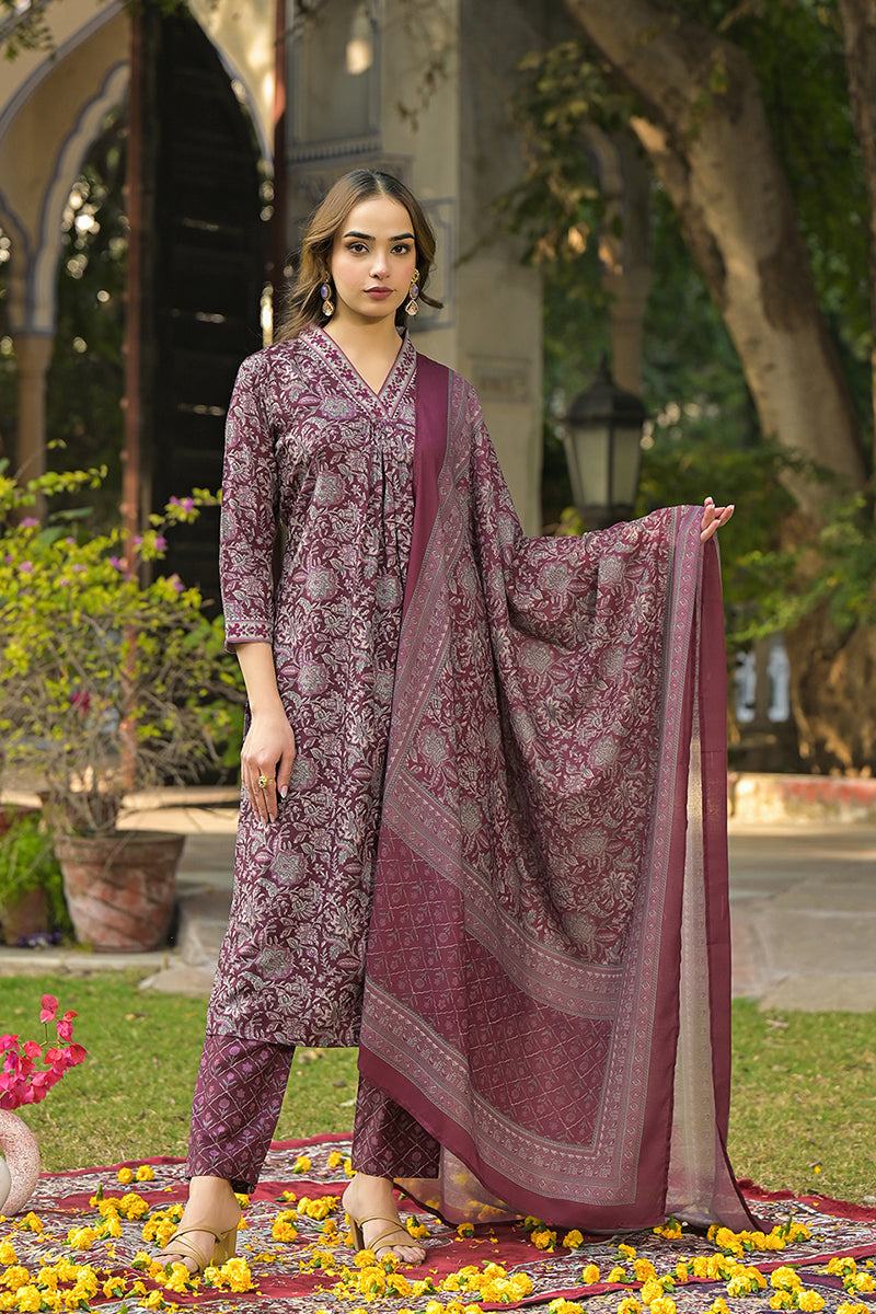 Burgundy Rayon Blend Floral Printed Straight Suit Set VKSKD2293 | Desi