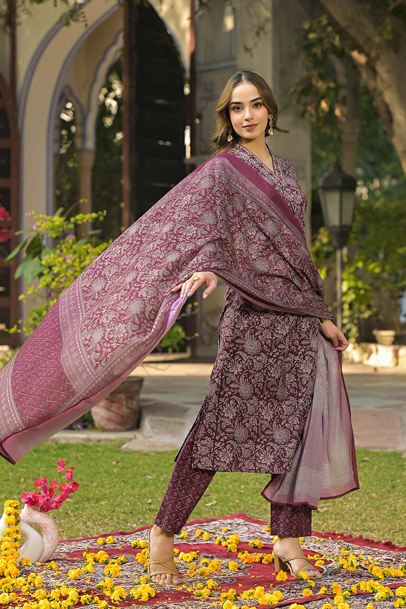Burgundy Rayon Blend Floral Printed Straight Suit Set VKSKD2293 | Desi