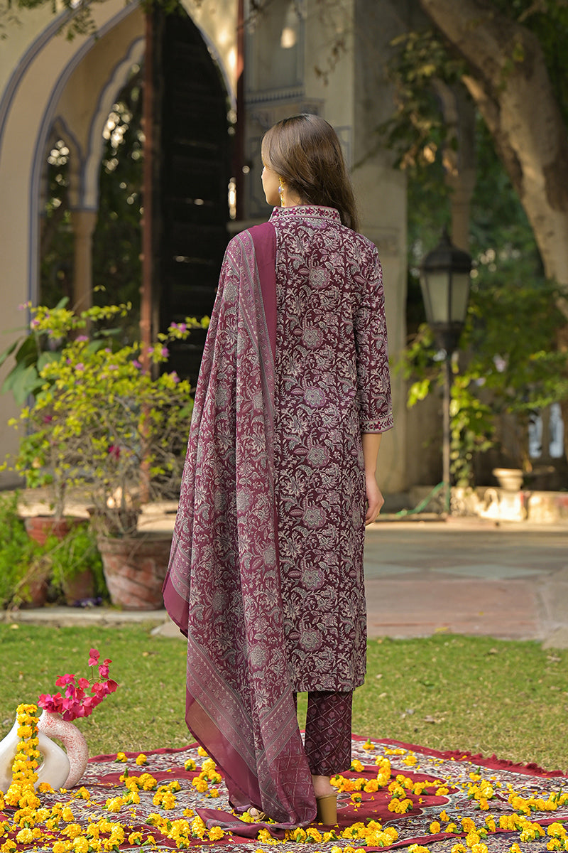 Burgundy Rayon Blend Floral Printed Straight Suit Set VKSKD2293 | Desi