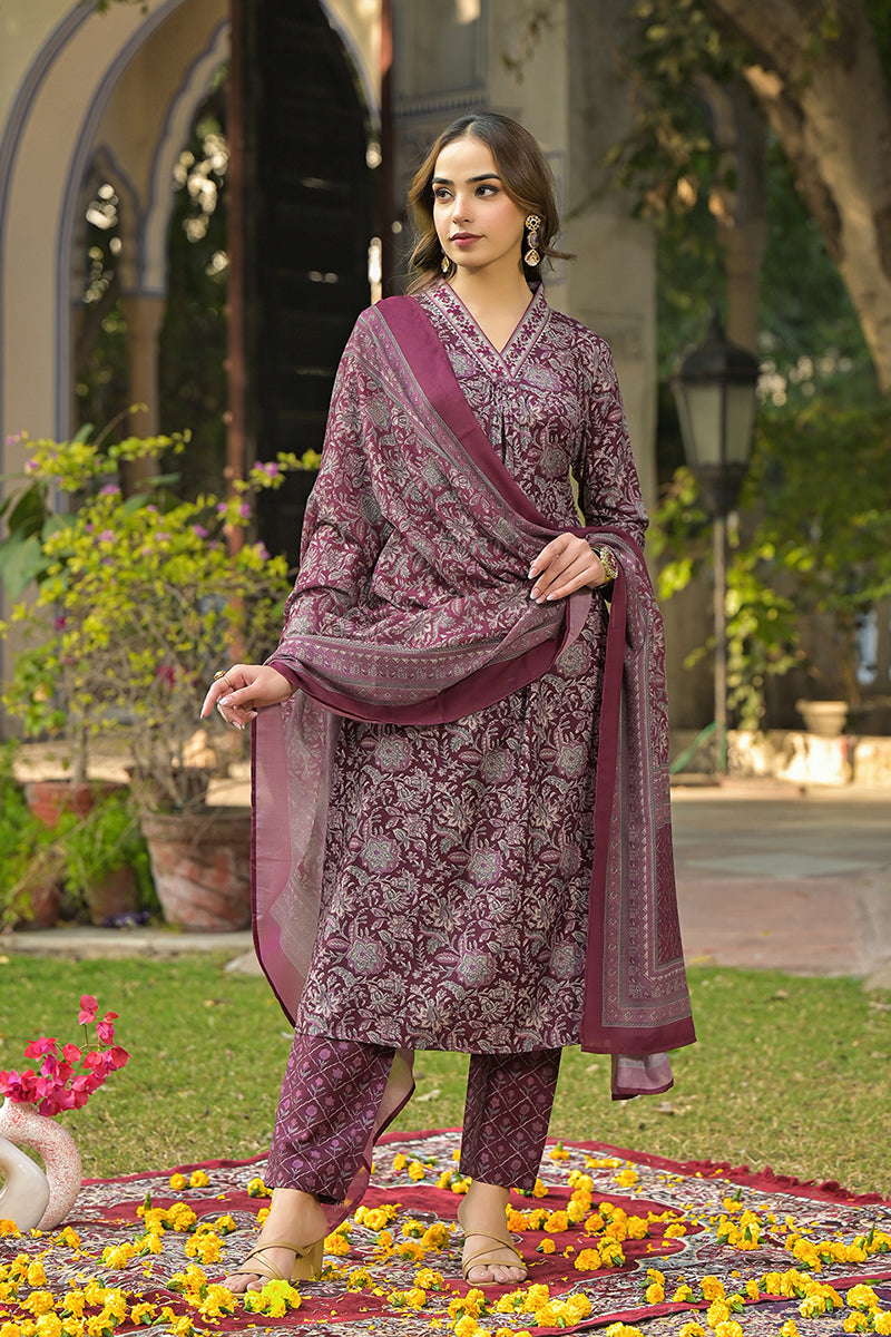 Burgundy Rayon Blend Floral Printed Straight Suit Set VKSKD2293 | Desi