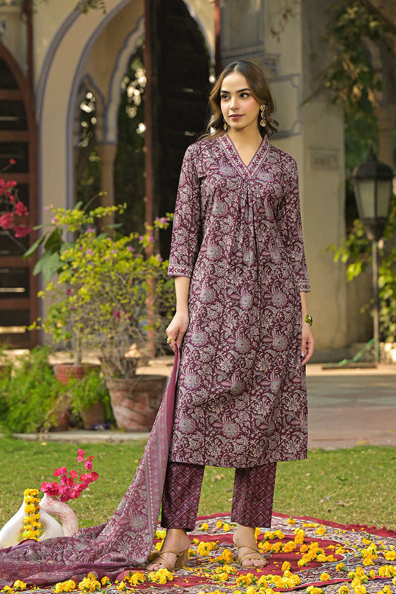 Burgundy Rayon Blend Floral Printed Straight Suit Set VKSKD2293 | Desi