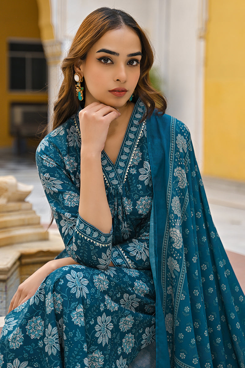 Blue Rayon Blend Floral Printed Straight Suit Set VKSKD2294 | DesiQlo