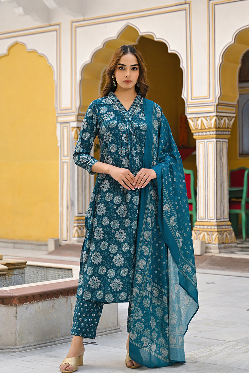 Blue Rayon Blend Floral Printed Straight Suit Set VKSKD2294 | DesiQlo