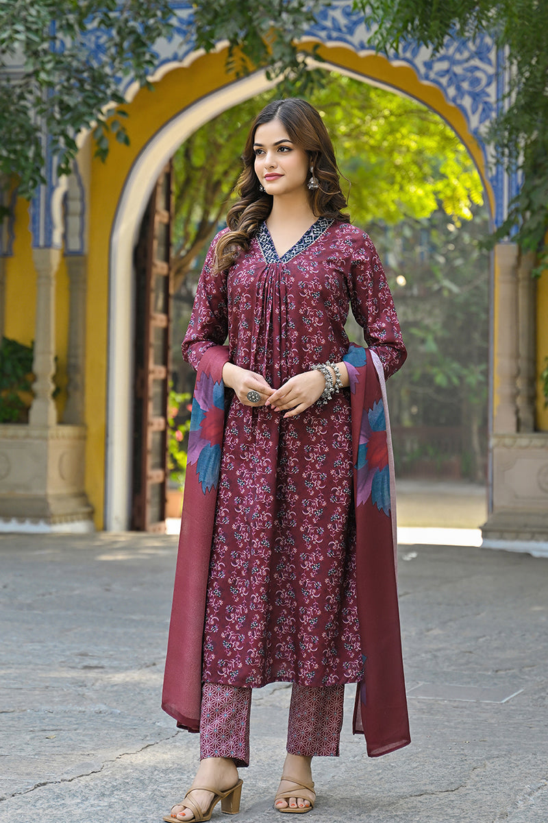 Maroon Rayon Blend Floral Printed Straight Suit Set VKSKD2296 | DesiQl