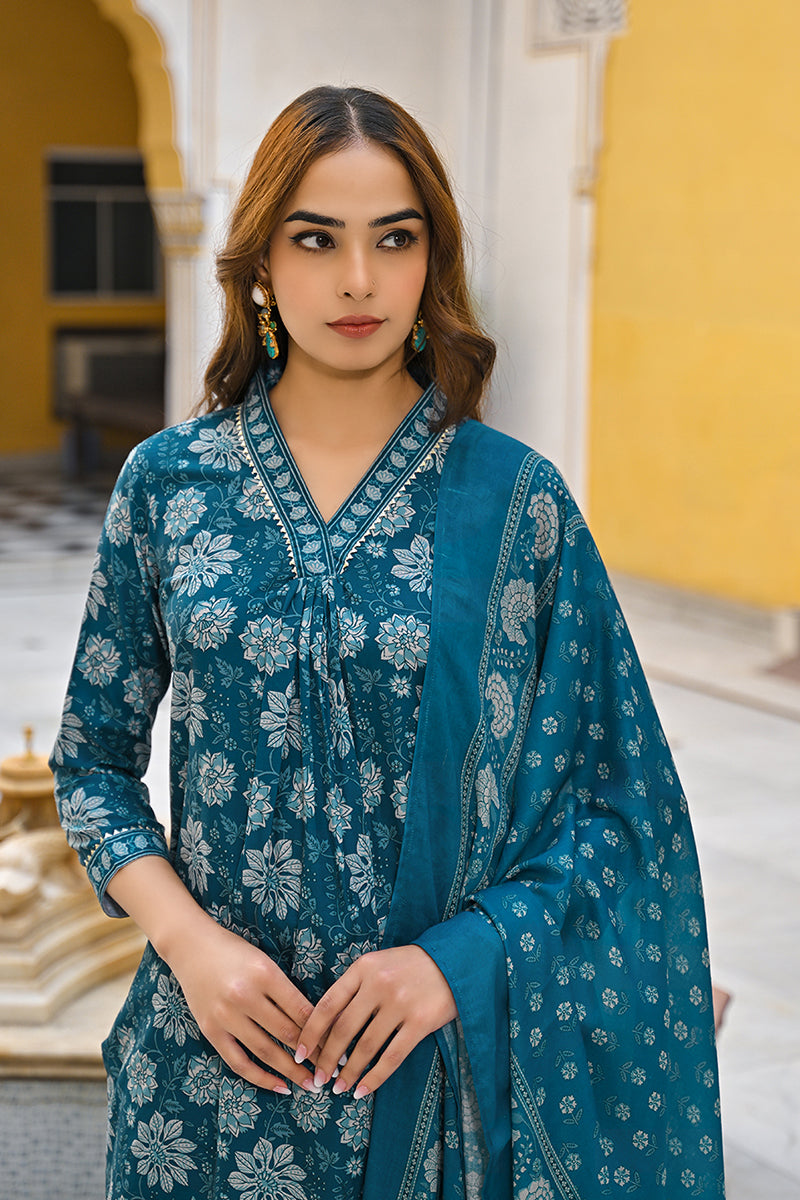 Blue Rayon Blend Floral Printed Straight Suit Set VKSKD2294 | DesiQlo