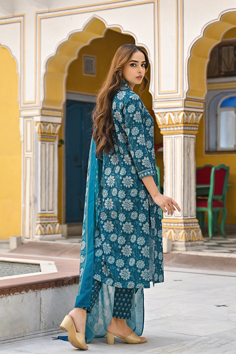 Blue Rayon Blend Floral Printed Straight Suit Set VKSKD2294 | DesiQlo